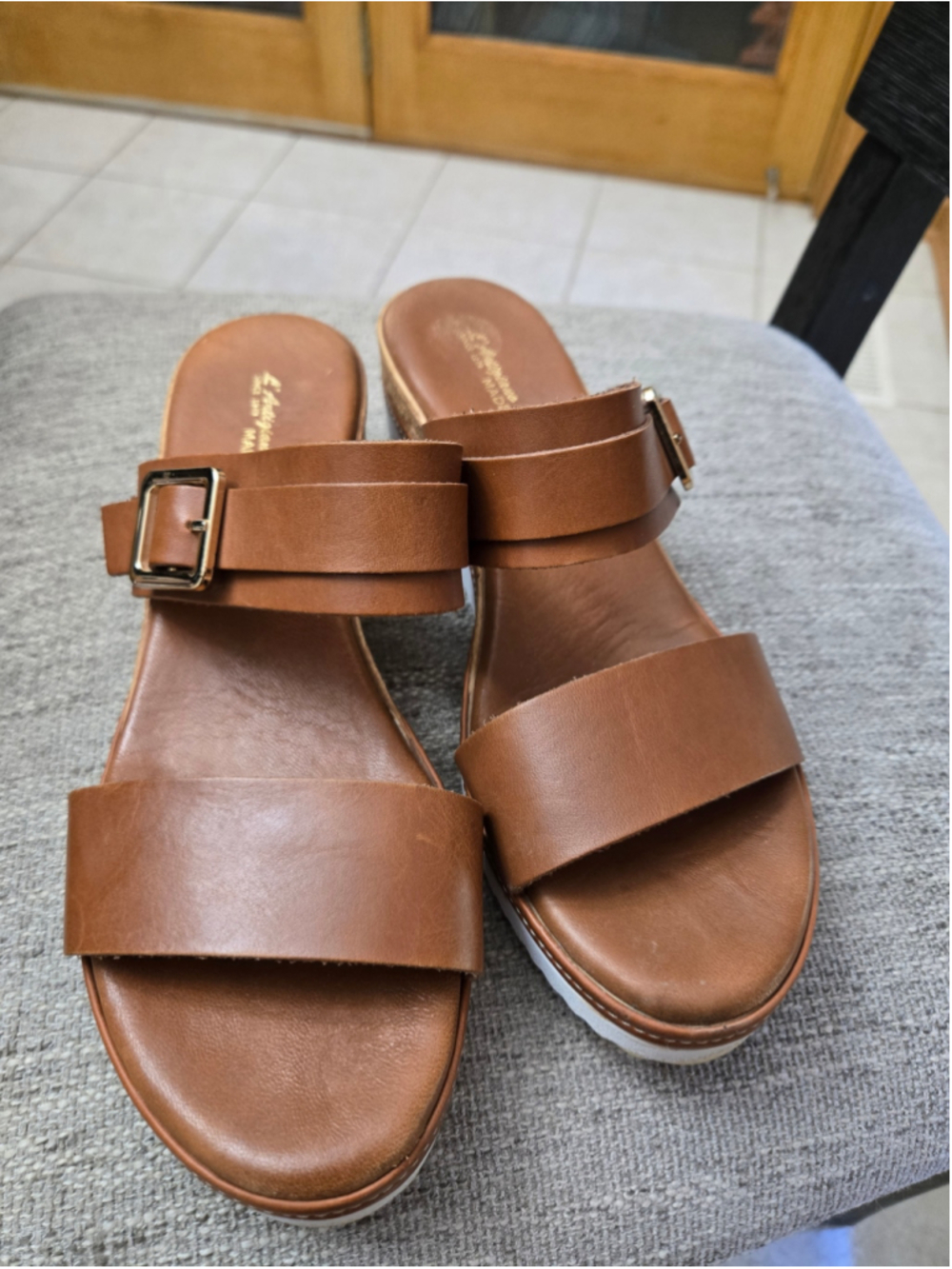 L'Artigiano Lucchese Brown Leather Wedge Slide Sandals Size 9.5 - Picture 6 of 6